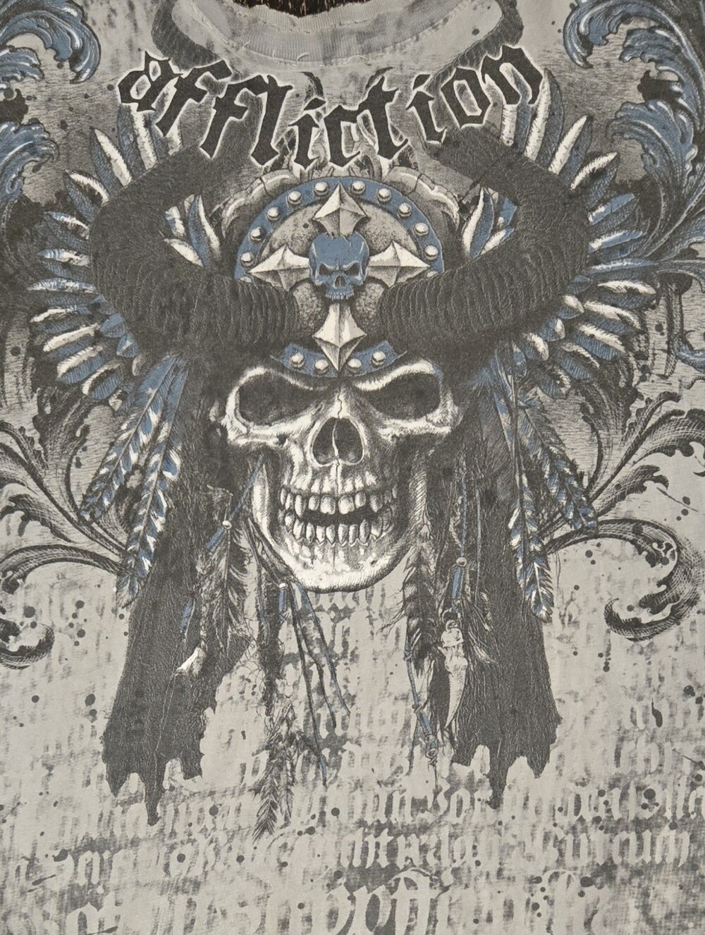 Affliction Gray Skull Graphic Tee with Blue Highlights